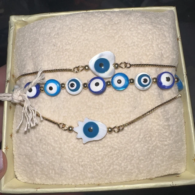 New ARM CANDY 18K GOLD PLATED White Abalone Shell Hamsa & Evil Eye Bracelet
