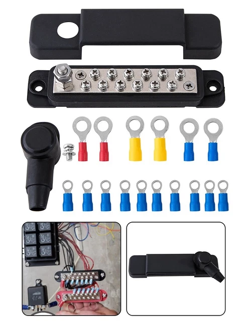 thumbnail image 2 of 12-Point Busbar Power Distribution Block – 180A 12V DC – Pair (Black & Red) – Golfpartstore 2 of 3