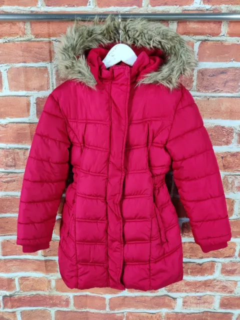 Girls Coat Age 7-8 Years Bluezoo Red Padded Puffer Jacket Faux Fur Hood 128Cm