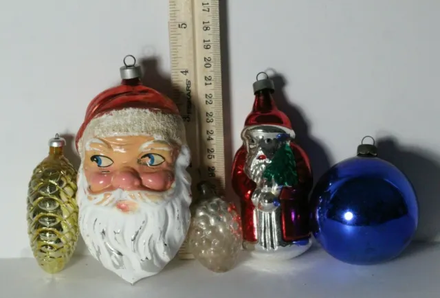Vintage Santa Claus Head Painted Glitter Blown Glass Christmas Tree Ornament LOT