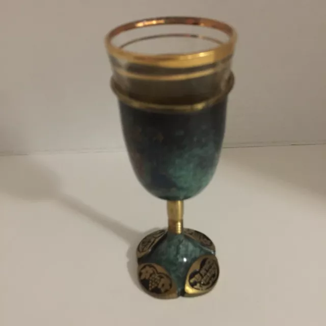 Israel Hakuli Brass Handpainted Goblet Cup Hamm With Clear Glass Insert Gold Trm