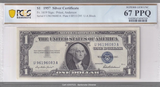 1957 $1 Silver Certificate Fr.1619 U-A Block PCGS Superb Gem 67 PPQ