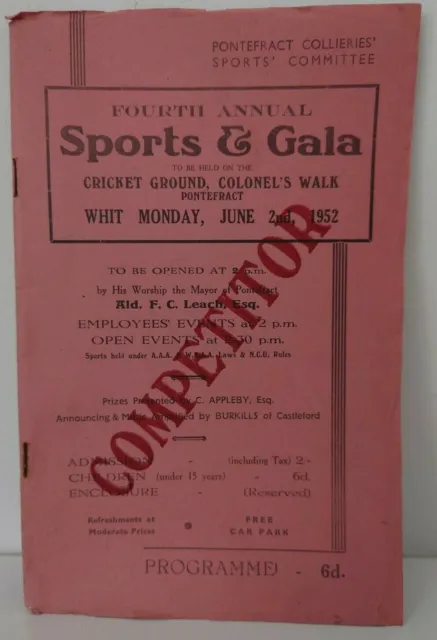 Pontefract Collieries Sports Committee Fourth Annual Sports Gala 1952 Programme