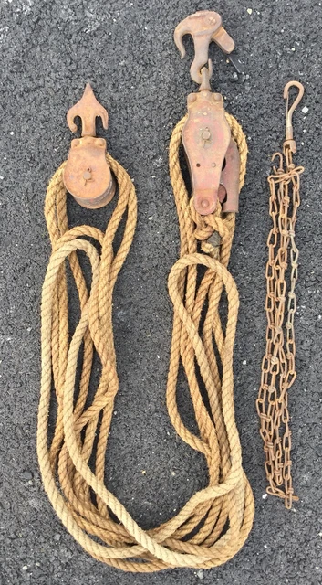 Old Vtg Industrial Fence Stretcher Rope Barn Farm Tool Two Metal Pulley System