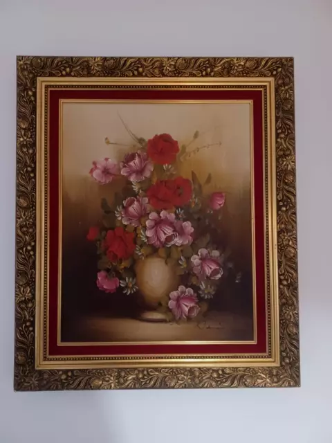 Large vintage oil painting on canvas still life Flowers signed framed