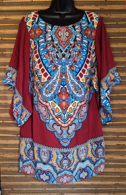 Anthropologie Ark Co Womens S Red Blue Medallion Knit Short Kimono Dress Belted 2
