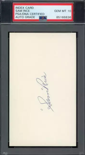 Sam Rice Gem Mint 10 PSA DNA Coa Signed 3x5 Index Card Autograph
