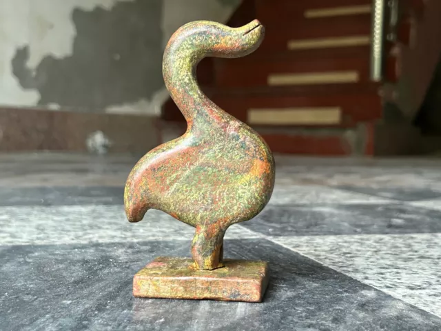 Vintage Tribal Art Hand Painted Unique Old Color Wooden Small Duck Figure Statue