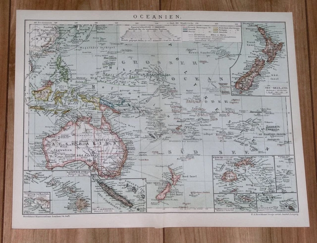 1900 Original Antique Map Of Australia Oceania New Zealand German Colonies
