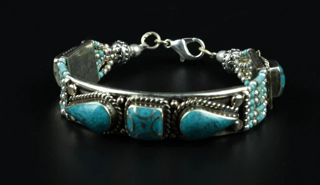 Exquisite old tibet silver copper hand inlay natural turquoise flower bracelet