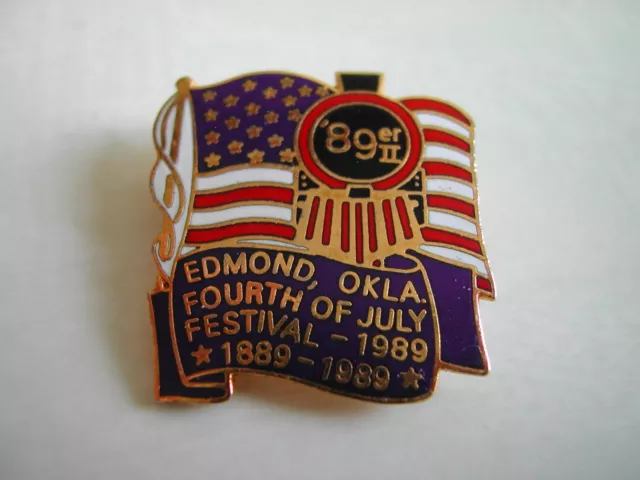 1989 Edmond Oklahoma 4th of July Festival Lapel Hat Pin US Flag Train Vintage