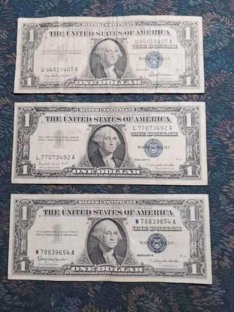 3 Pc. 1957, 1957-A, 1957-B Silver Certificate One Dollar Bill  (Circulated)