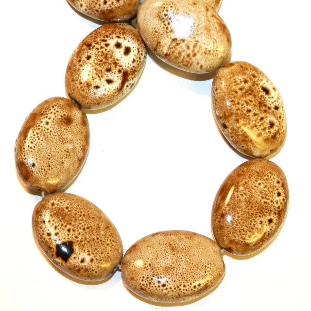 CPC250 Brown & White Multi-Tone Large 33mm Flat Puffed Oval Ceramic Beads 16"