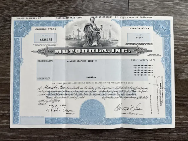 Motorola, Inc. - Famous Company Stock Certificate