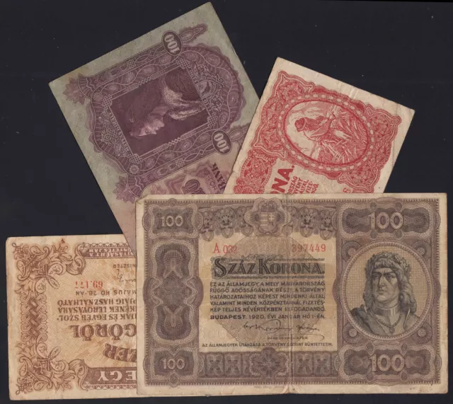 Collection of 4 Banknotes Hungary 1920 - 1946 Korona Pengo Vintage Paper Money