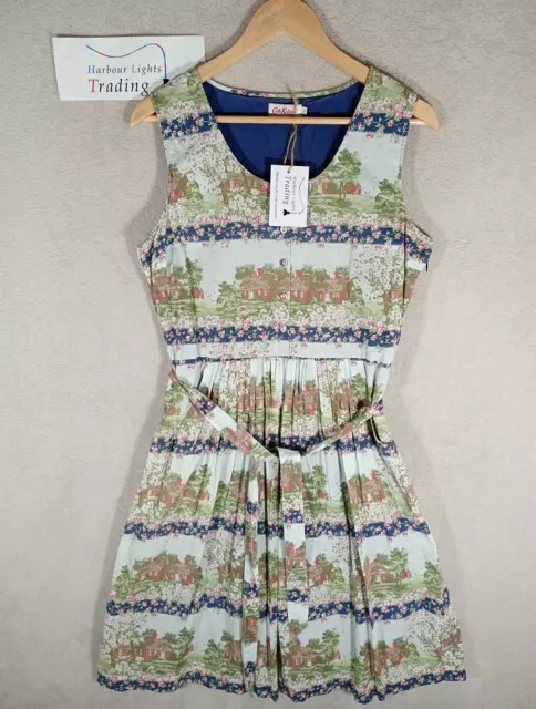 Cath Kidston London Dress Ladies Blue/Green Cottage Print UK Size 12 Cotton Belt