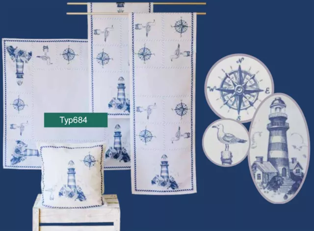 Deko Serie Maritim Tischdecke Tischläufer Kissen Leuchtturm Möwe Blau Typ684 2