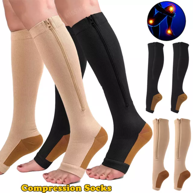 Zip Sox Compression Socks Zipper Leg Support Knee Open Toe Shaper Stockings