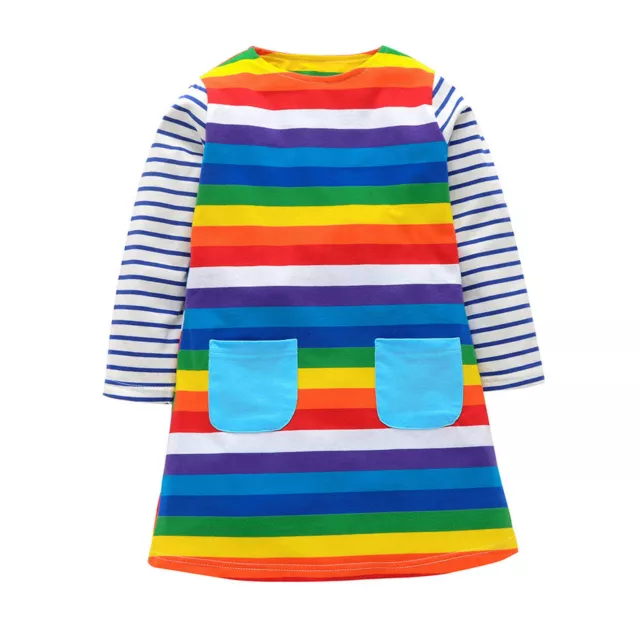 Toddler Kids Baby Girls Warm Striped Rainbow Print Pockets Cute Princess Dress