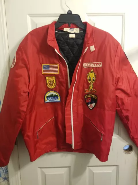 Vintage motorcycle racing HONDA red nylon jacket large + liner patches stripes