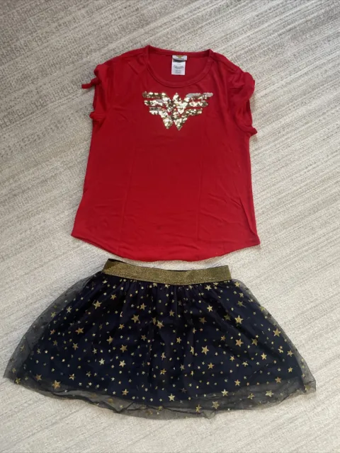 DC Comics Girls XL 14/16 Red Sequin Wonder Woman Outfit Tee & Skort Skirt Set