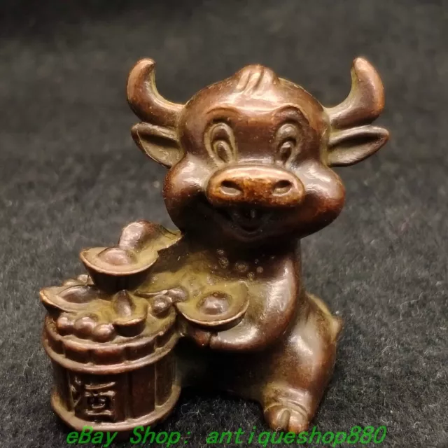 1.3'' Old Chinese Dynasty Bronze Yuanbao Cattle Cow ox Bull Statue Sculpture