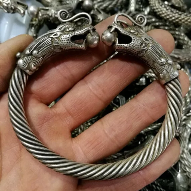 China Old Handwork Tibet Silver Carve Dragon Adjust Pair Bracelet Jewelry
