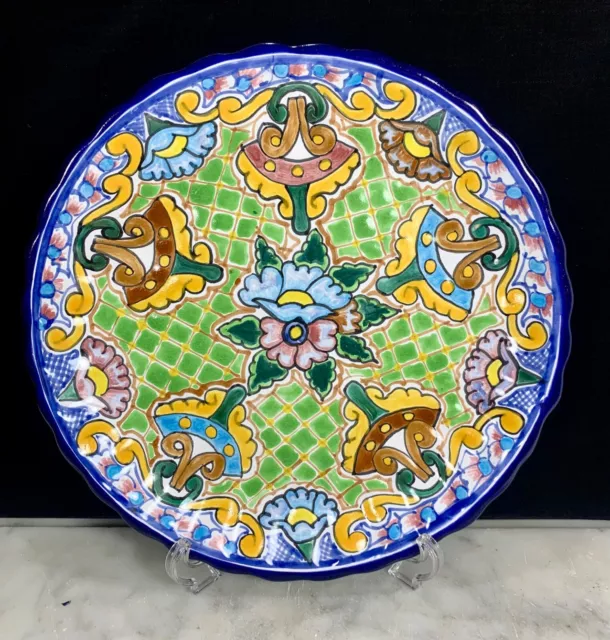 Vtg Mexican Talavera Folk Art Hand Painted Pottery Signed Wall Hanging Plate
