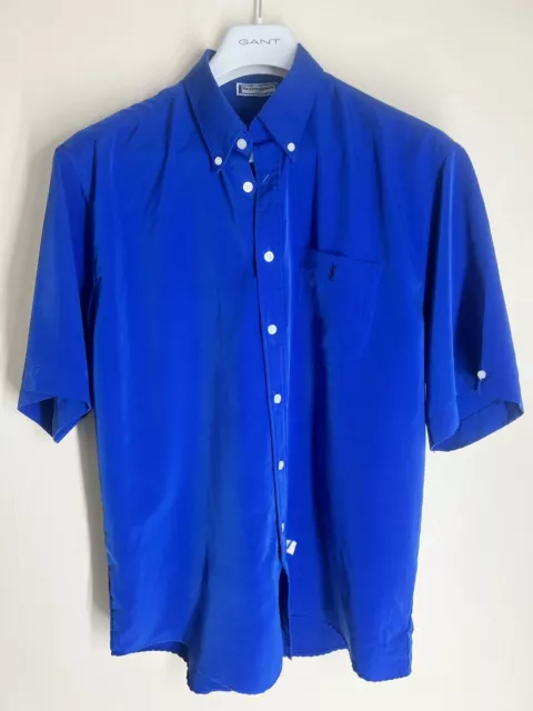 Yves Saint Laurent Ysl Vintage Retro Funky Royal Blue Short Sleeve Shirt