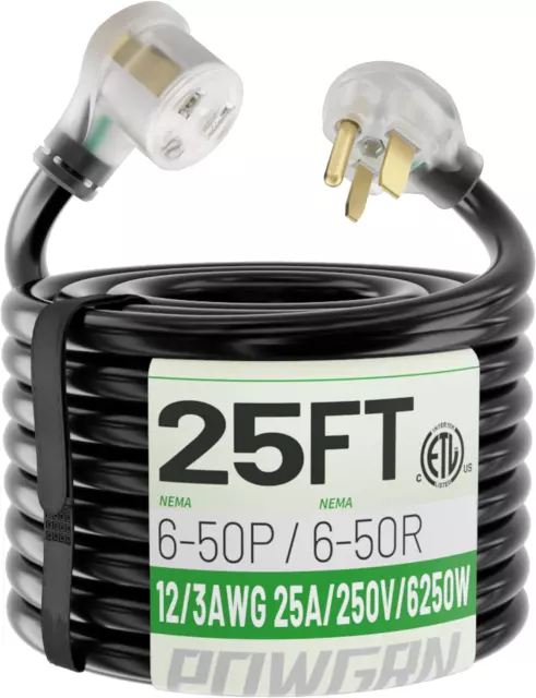 25 AMP 25Ft Welder Extension Cord Outdoor with LED Indicator, 12 Gauge NEMA 6-50