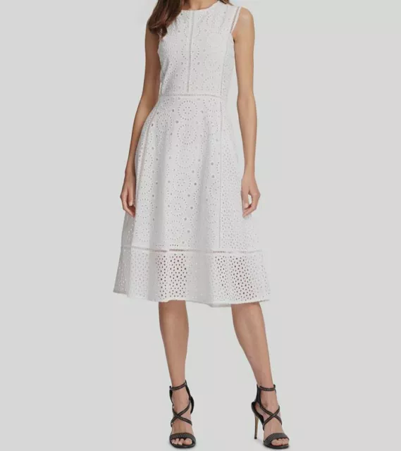 $129 DKNY Women's White Sleeveless Round Neck Cotton Eyelet Midi Dress Size 6