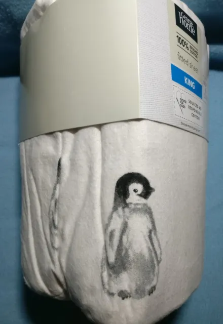 George Home 100% Brushed Cotton King Size Baby Penguin Print Fitted Sheet New