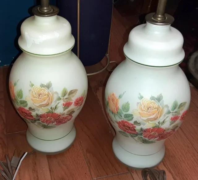 Pair of Vintage Chinoiserie Red & Yellow Flowers Ginger Jar Base Lamps
