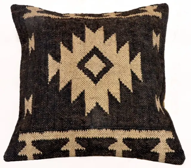 Handmade 18x18" Jute Kilim Cushion Cover Indian Vintage Pillow 18x18 Rug Boho