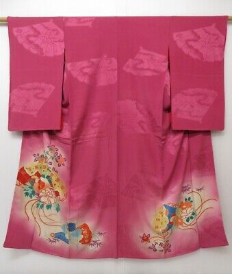 1418T05z570 Antique Japanese Kimono Silk IROTOMESODE Dark pink Folding fan