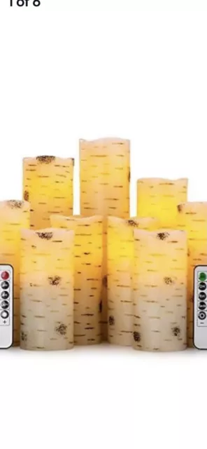 Pillar Birch Bark Flameless Candles Set of 7 Real Wax LED Remote Control & Timer