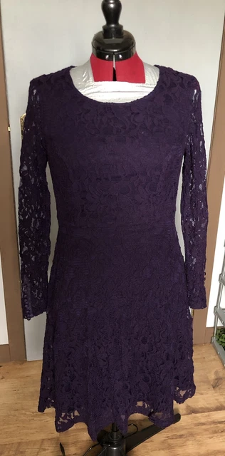 Kaliko Purple Lace Wedding Dress Skater Long Sleeve UK 8
