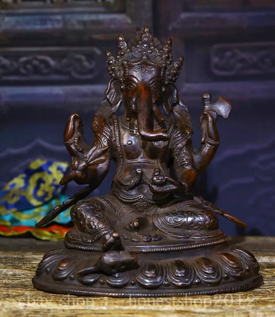 8" Old Tibet Buddhismus Bronze Ganesh Lord Ganesha Elefant Gott Buddha Statue