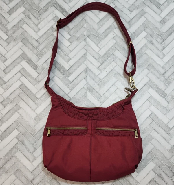 Travelon Crossbody Purse Large Hobo Shoulder Bag Maroon Pockets Nylon Adjustable