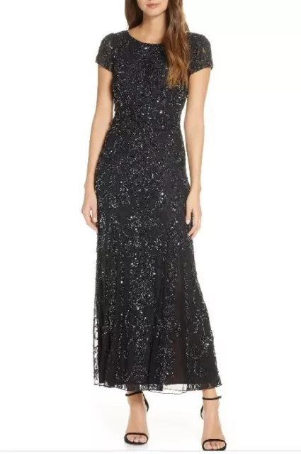Pisarro Nights Beaded Lace Flared Gown Evening Dress Black SZ 4P NWT $238
