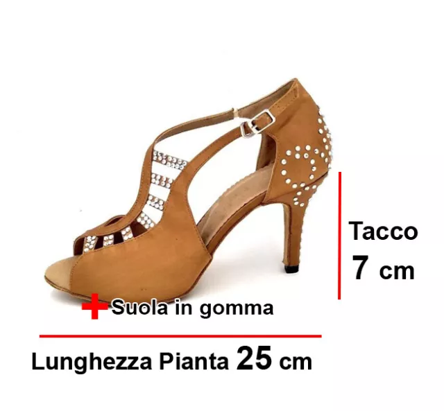 Scarpe da ballo marroni sandali aperti con fondo suola in gomma strass tacco 7