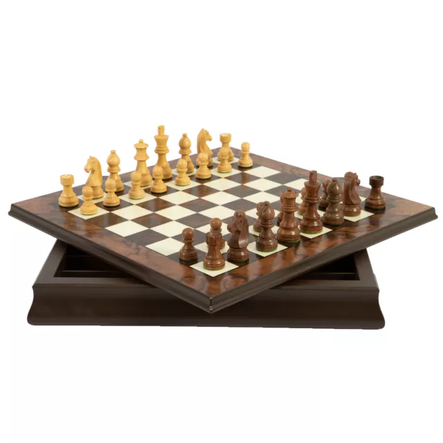 NEW Italfama Walnut & Maple Inlaid Chess Board w/Box & Pieces