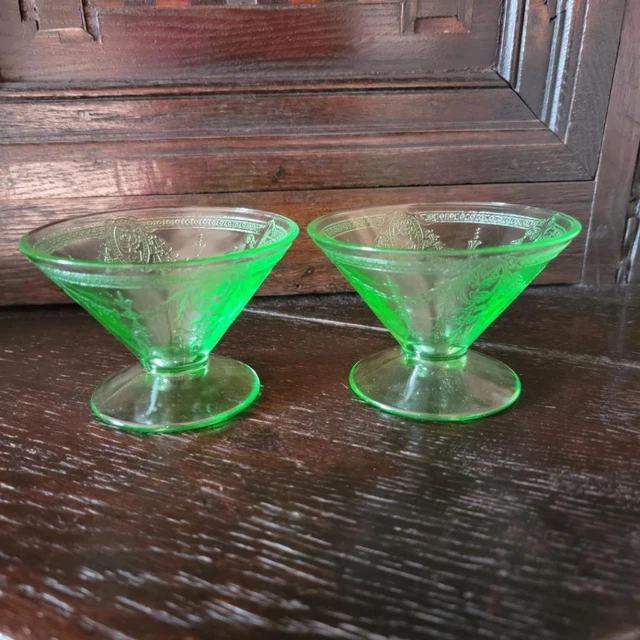 Pair Vintage 1931 Belmont Green Depression Uranium ROSE CAMEO Sherbets