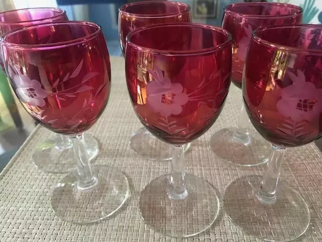 Bohemian Czech Cranberry Red Cut Clear Wine Set 6 Glasses and Decanter