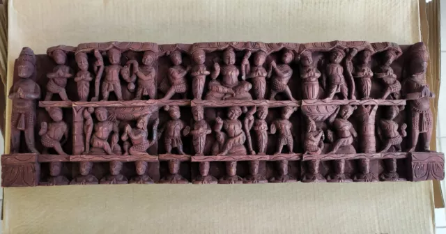 Rare Large Old Handmade Wood Carved Hindu God Goddess Figures Wall Door Panel 2