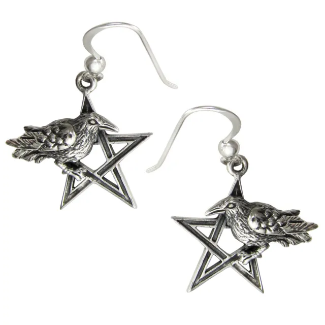 Sterling Silver Crow Pentagram Pentacle Earrings Wiccan Pagan Raven Jewelry