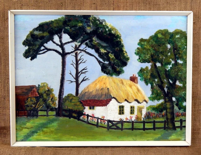 VINTAGE NAIVE OIL on Board Painting British Country Cottage Folk Art ...