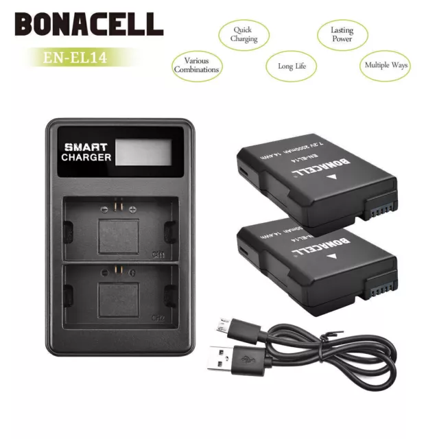 2x EN-EL14 EN-EL14A Battery for Nikon DSLR D3100 D3200 D5500 D5100 /Dual Charger 3