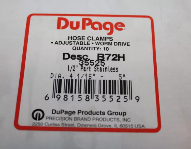 Dupage B72H Clamp Diameter: 4-1/16" - 5"  w/ 1/2 band Box of 10 35525