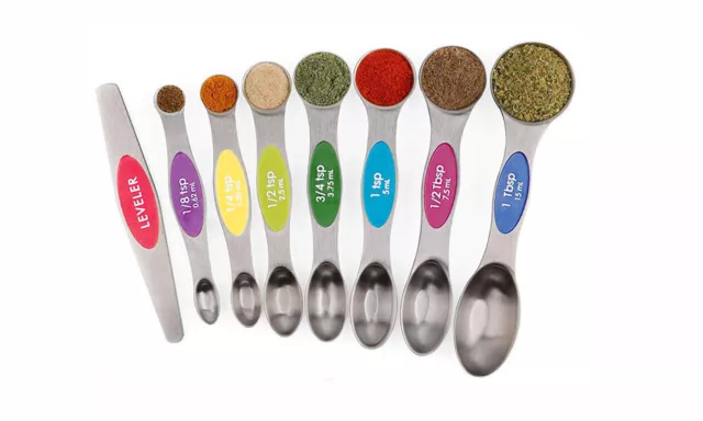 Magnetic Dual Sided Measuring Spoons with Leveler Set of 8-3 Colors To Pick From